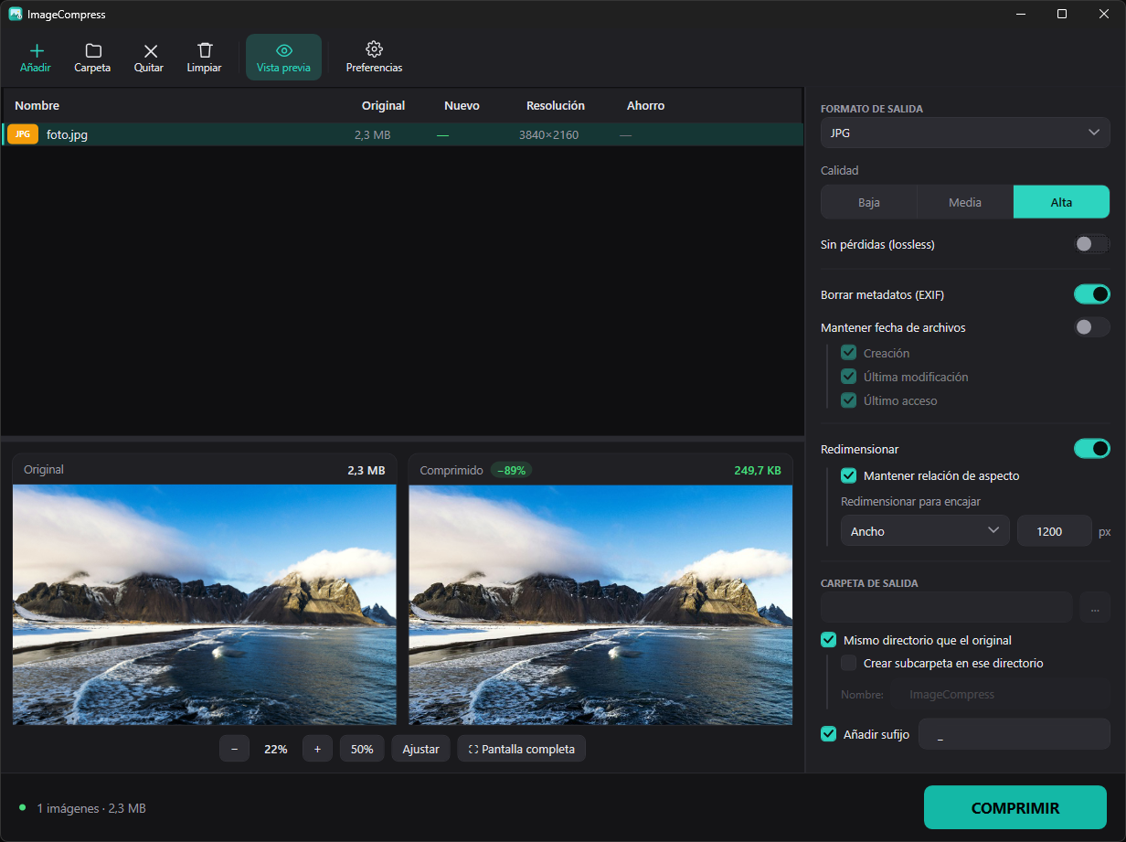 Interfaz de ImageCompress: lista de imágenes, panel de ajustes y vista previa comparada